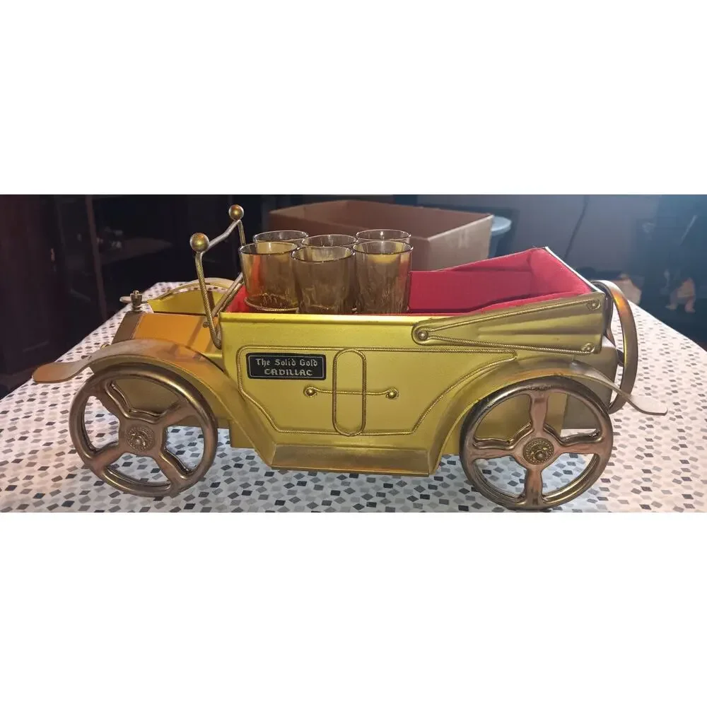 VTG Golden Crown Metal Model T Music Box Bar Car Decanter Set w/ Amber Glass